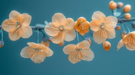  Close-up of flowers on a branch with water-droplets on petals against a blue backdrop