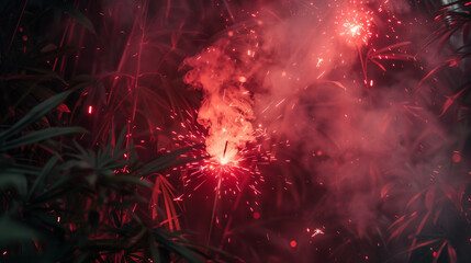 Fireworks Eruption Amongst Foliage - Festive Event Photography
 - obrazy, fototapety, plakaty
