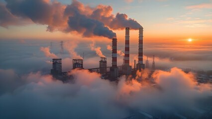 Factories dominate landscape, emitting harmful smoke that pollutes the environment and creates smog. Concept Air Pollution, Industrialization, Environmental Impact, Carbon Emissions, Smog - obrazy, fototapety, plakaty