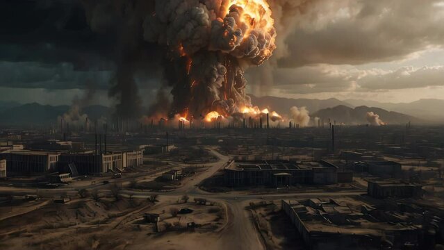 Cataclysmic explosion over a deserted urban landscape. Generative AI Video.