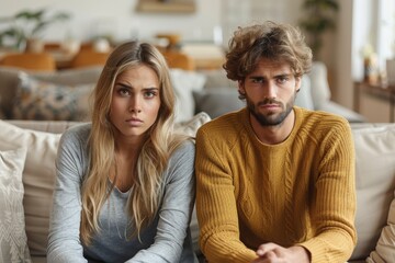 A young couple sitting on a sofa with troubled expressions, suggesting relationship issues or concern - obrazy, fototapety, plakaty