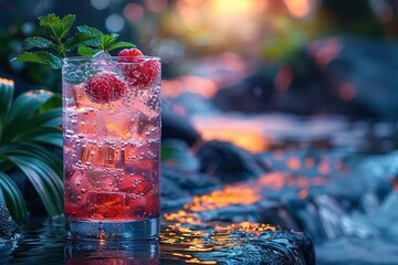 A glass of pink drink with raspberries in it is sitting on a rock near a stream