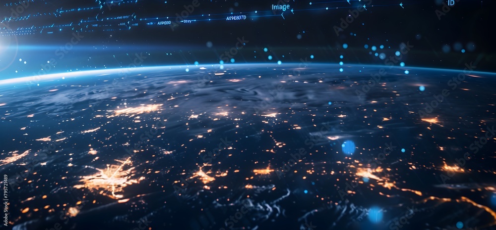 Poster abstract global network and connectivity concept with planet earth, data transfer across the world w