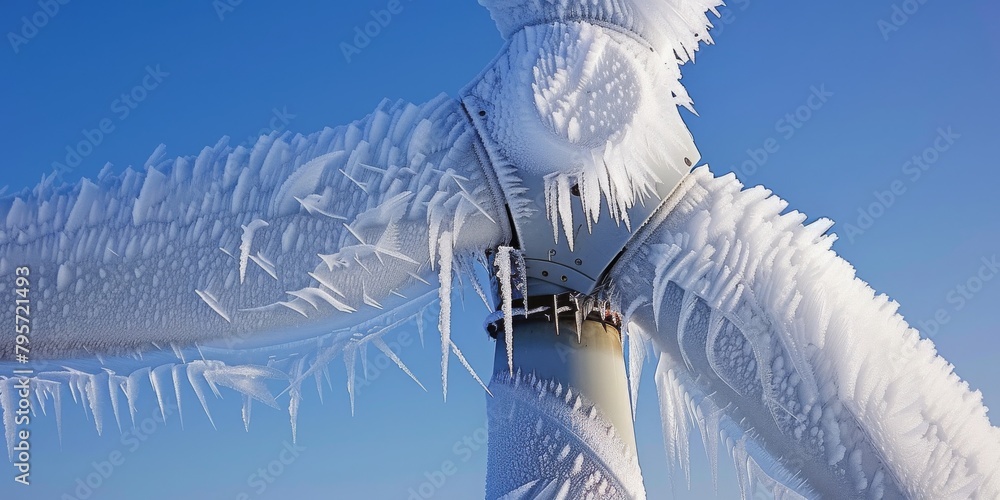 Poster close-up view of a wind turbine covered in frosty ice, demonstrating the challenges of renewable ene