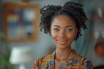 A radiant woman in colorful traditional African clothing, with a subtle and engaging smile