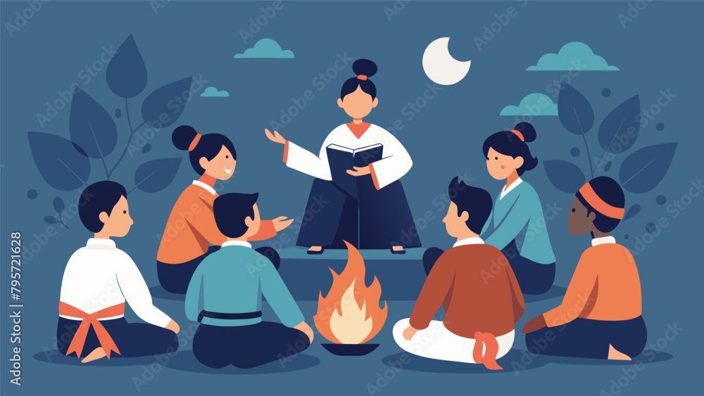 Poster at the end of a long training session a group of students gather around a campfire discussing how th