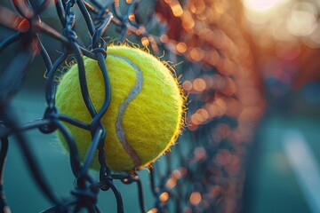 A close-up image capturing a vivid yellow tennis ball wedged tightly between the metal links of a black fence, with soft sunlight in the backdrop - Powered by Adobe