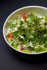 Salad dish with lettuce, tomatoes, and cucumbers on a black plate