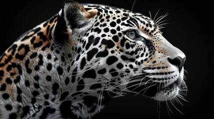 Obraz premium A tight shot of a leopard's face against a black backdrop, revealing only its head