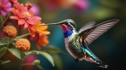 Obraz premium Hummingbird in nature with flowers - Generative AI