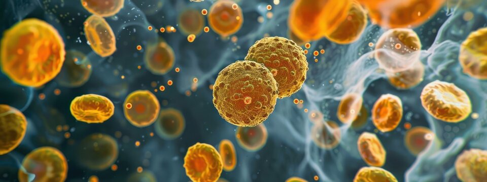 A detailed medium shot of antibiotic-resistant bacteria, Staphylococcus aureus, on a synthetic surface, illustrating the golden color and cluster formation