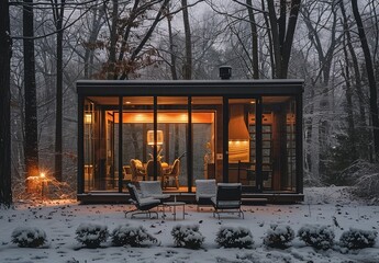 Small cabin in the woods with glass walls, during winter time.