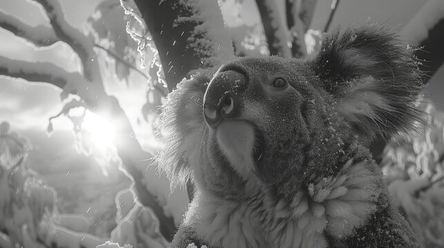   A black-and-white image of a koala in a tree beneath sunny branches Sun rays filter through the tree's branches
