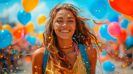 Young Woman Smiles in Confetti Shower. Generative AI