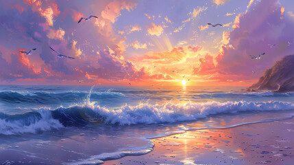 Fototapeta premium The painting captures a serene beach scene at sunset, showcasing the beauty of the coastal landscape with waves, seagulls, and a sense of tranquility.