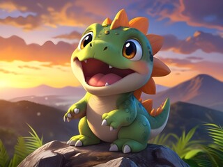 a dragon sits on a rock with mountains in the background.