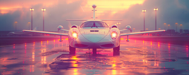 Private jet car hybrid on reflective runway, its lights glowing in surreal sunset drenched airport scene