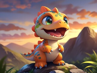 a dragon sits on a rock with mountains in the background.