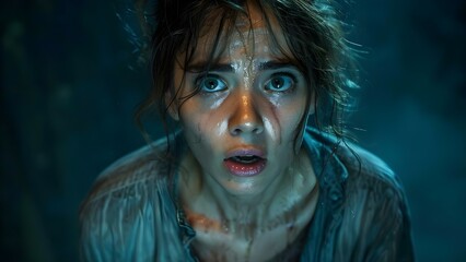 A woman's terrified expression captures a moment of horror and fear. Concept Horror Film, Terrifying Emotions, Fearful Expression, Female Character, Dramatic Moment