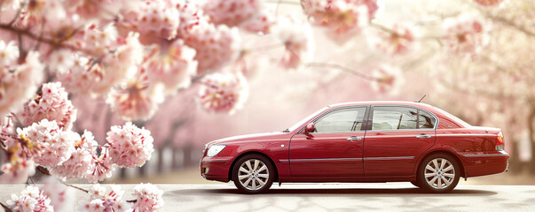 Red luxury sedan parked on street lined with blooming cherry blossoms. Soft pink petals contrast with the car glossy finish