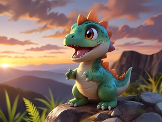 a dragon sits on a rock with mountains in the background.