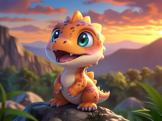 a dragon sits on a rock with mountains in the background.