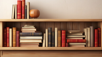 Assorted books neatly arranged on wooden shelves, decorative vase adds touch of elegance. Volumes vary in size and color, offering rich texture of knowledge and design