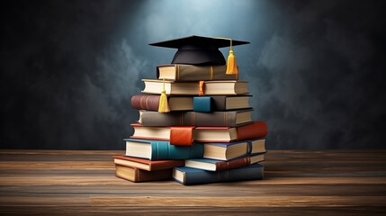 Graduation cap sits atop stack of colorful books on wooden table symbolizing achievement in education. Dark background highlights potential and promise of academic success