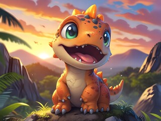 a dragon sits on a rock with mountains in the background.