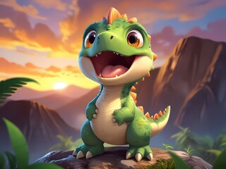 a dragon sits on a rock with mountains in the background.