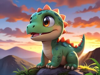 a dragon sits on a rock with mountains in the background.