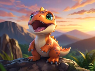 a dragon sits on a rock with mountains in the background.