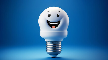 Smiling light bulb character against blue background representing creativity and bright ideas. This playful image brings fun twist to innovation and energy concepts