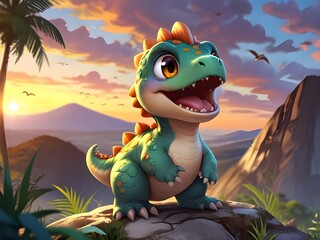 a dragon sits on a rock with mountains in the background.