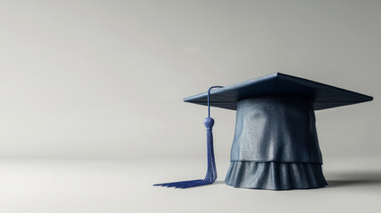 Graduation cap with blue tassel centered on neutral background embodying culmination of academic effort. Simplicity of setup highlights the cap symbolic significance