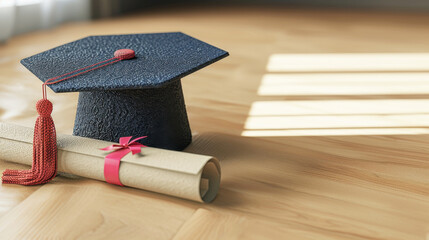 Graduation hat and diploma with red ribbon on wooden floor signifying academic accomplishment and start of new chapter
