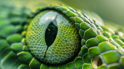 Close up of green snake eye detailing intricate scales and intense gaze of reptilian predator