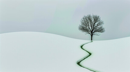 Lonely bare tree on top of snowy hill and path with green grass through snow symbolizing vitality and unquenchable energy of nature