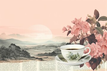 Cup of tea macha landscapes saucer flower coffee. - obrazy, fototapety, plakaty