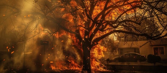 A tree engulfed in flames.