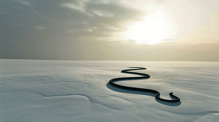 Long green snake crawls along snow crust in clear sunny weather in winter. Green snake is symbol of New Year 2025