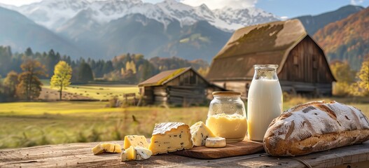 Tasty cottage cheese and other fresh dairy products on wooden table in mountains. Space for text. AI generated illustration