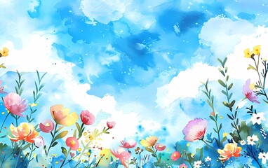 Colorful hand drawn watercolor on white paper background with space for text on blue heaven. Romantic summer day scene.