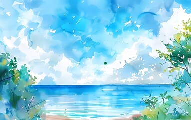 Colorful hand drawn watercolor on white paper background with space for text on blue heaven. Romantic summer day scene.