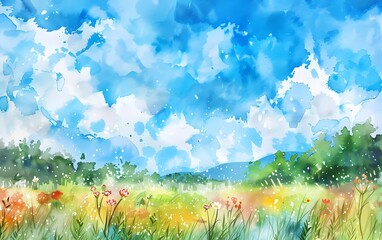 Colorful hand drawn watercolor on white paper background with space for text on blue heaven. Romantic summer day scene.