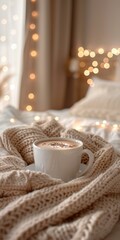 Fototapeta na wymiar Cozy winter morning with warm cup of coffee nestled in soft knitted blanket, illuminated by festive twinkling lights. Copy space.