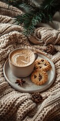 Cozy festive coffee break with cinnamon latte and star-shaped cookies on knit blanket, evoking warm Christmas holiday moments.