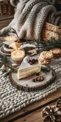 Fototapeta na wymiar Captivating holiday dessert scene with cheesecake, candles, and cozy winter decor suggesting warmth and festive celebration.