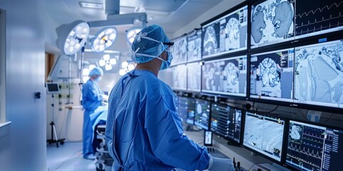 Busy medical professionals in blue scrubs monitor advanced brain imaging technology in state-of-the-art hospital, highlighting healthcare technology and expertise.