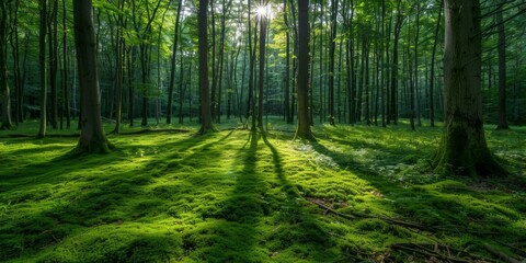Obraz premium Enchanting forest landscape with vibrant green moss and light filtering through tall trees, invoking feelings of tranquility and connection with nature.